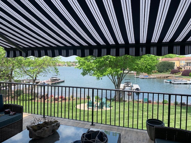 View from under an awning over a lakefront