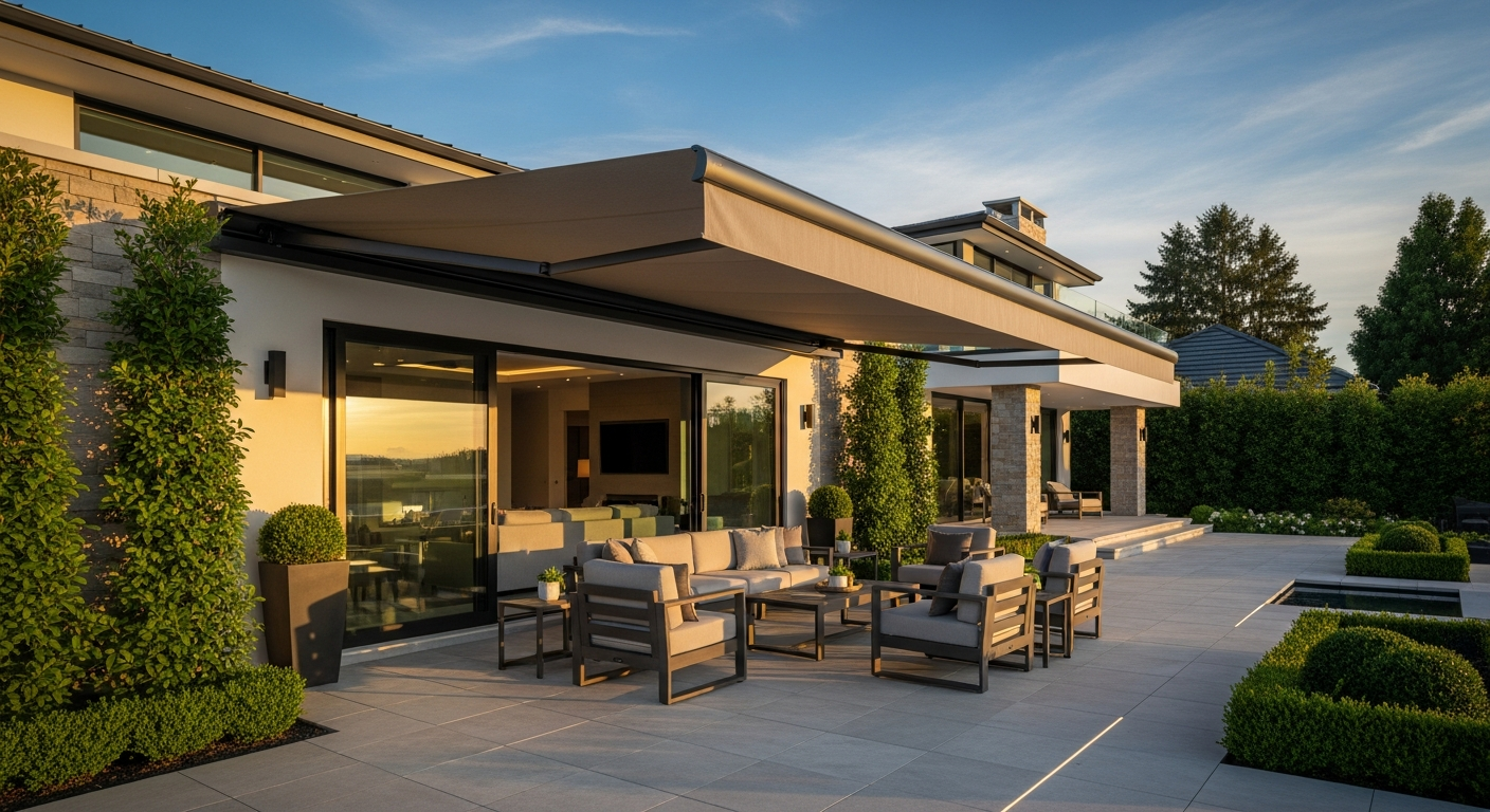 Luxury retractable awning extending over a modern patio
